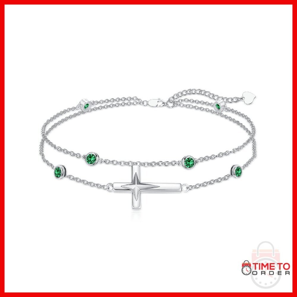 925 Sterling Silver Adjustable Birthstone Anklet With Cross Charm